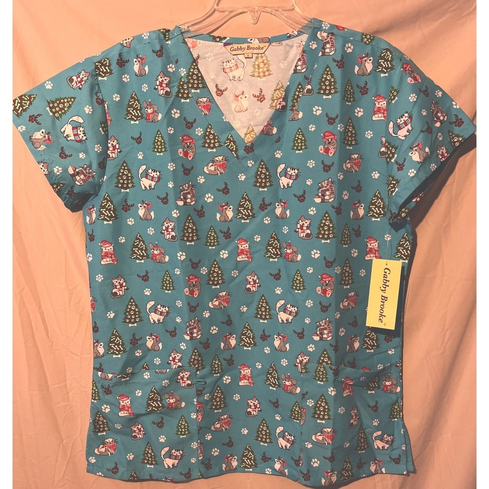 Gabby Brooke Light Blue Christmas‎ Scrub Dogs & Cats Top S New with  tags